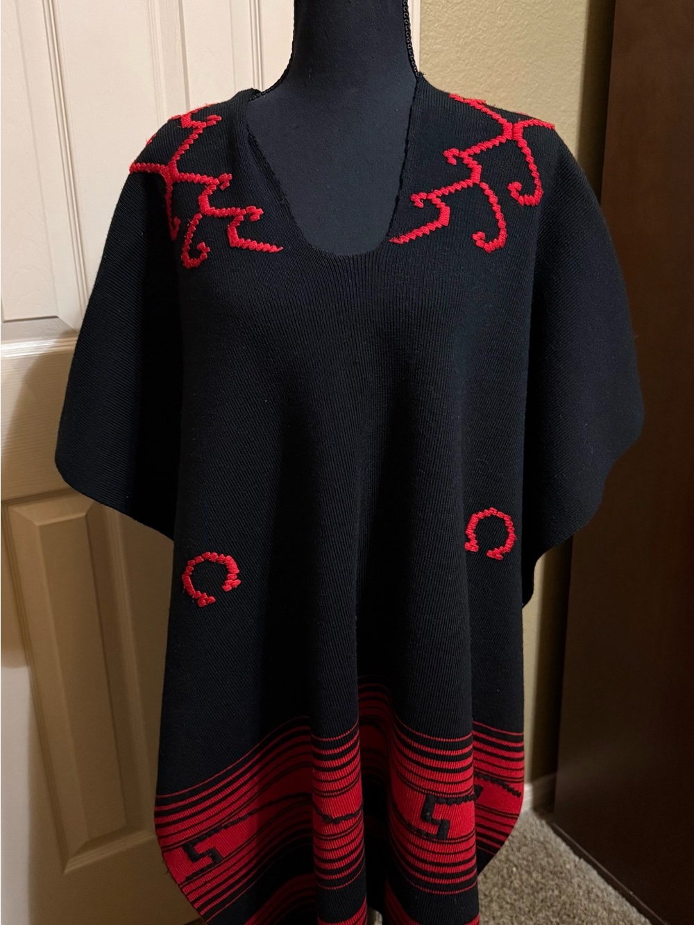 Black & Red V-Neck Knit Poncho Sweater
